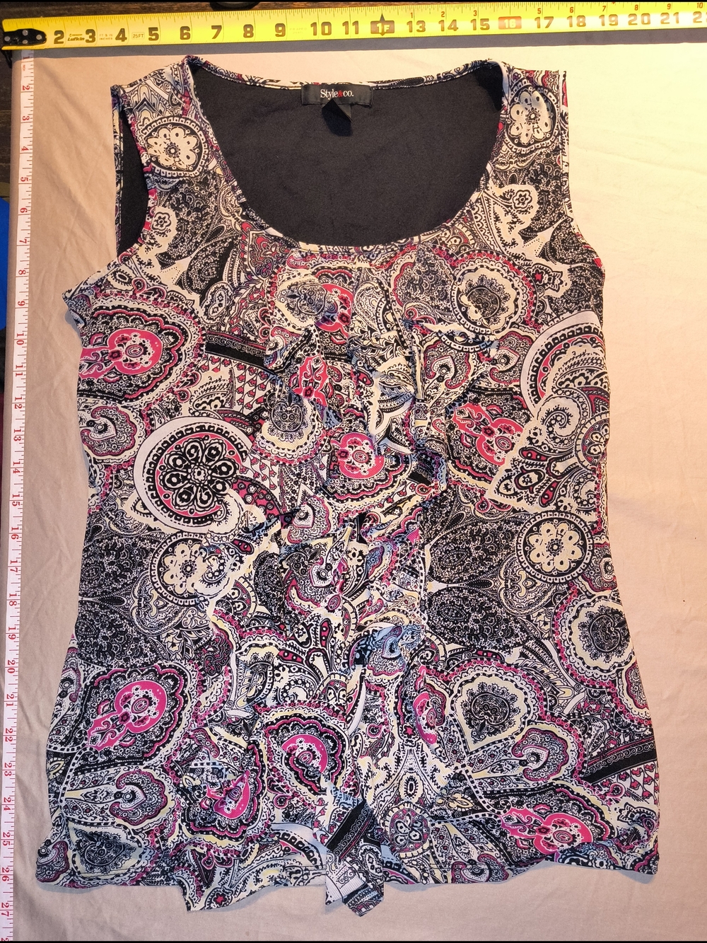 Style & Co. Paisley Ruffle Tank Top - Pink, Black & Cream
